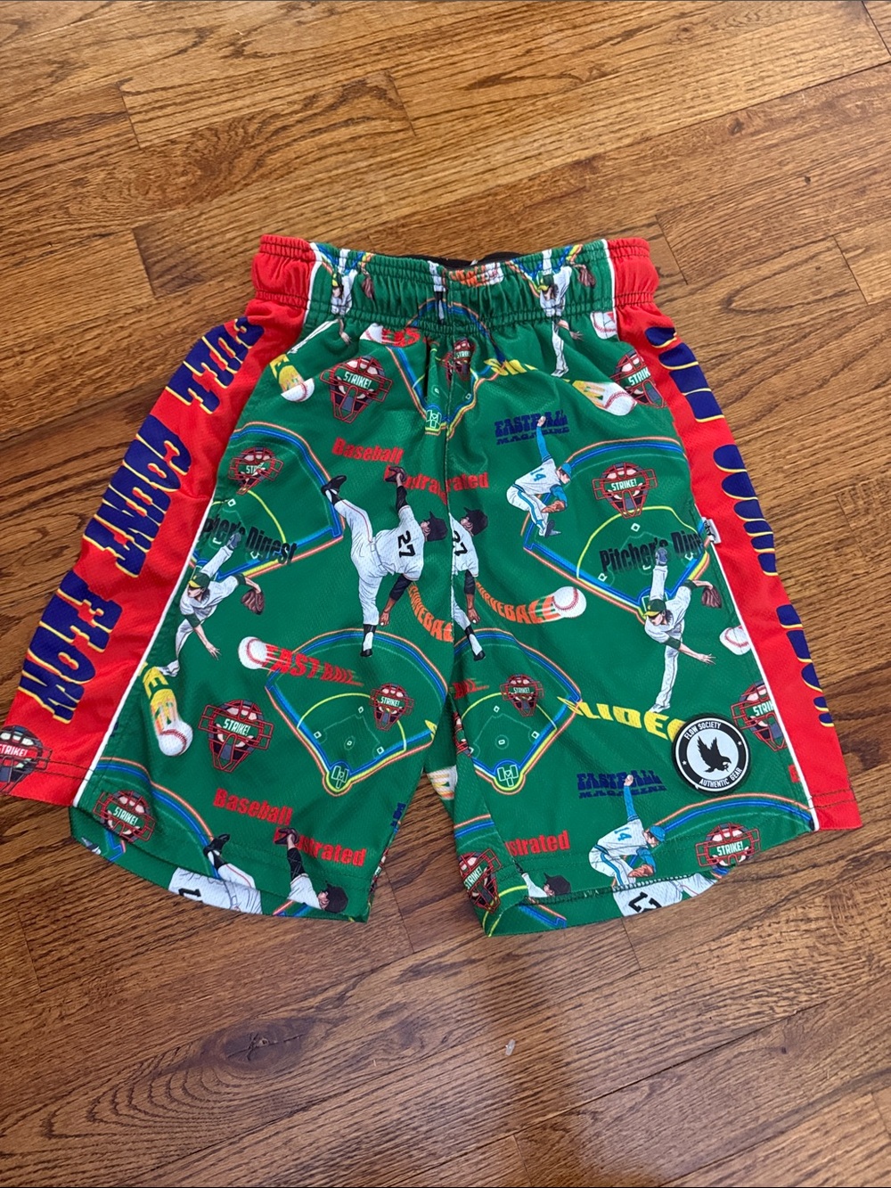 Kids Green Baseball Print Athletic Shorts with Red Side Panels